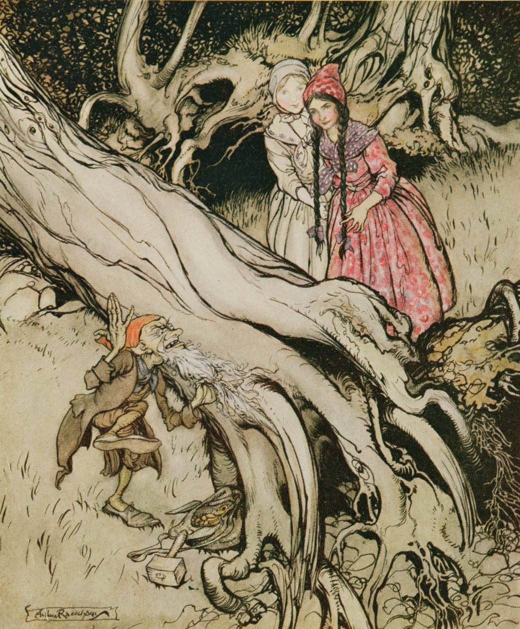 O final de sua barba foi pego em uma árvore, ilustração de &39;Branca de Neve e Rosa Vermelha&39;, de contos de fadas dos irmãos Grimm, 1900 de Arthur Rackham