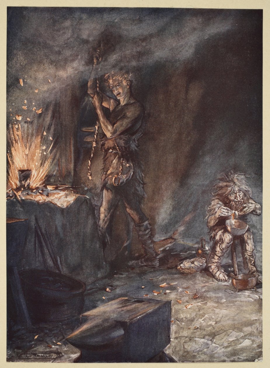 O forjamento de Nothung, ilustração de &39;Siegfried e o Crepúsculo dos Deuses&39;, 1924 de Arthur Rackham