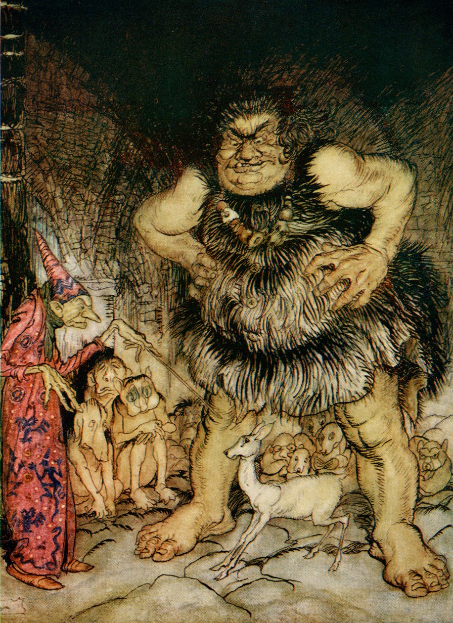 O gigante Galligantua e o velho e perverso mago transformam a filha dos duques em uma ilustração branca para Jack, o assassino gigante de contos de fadas ingleses da FA Steel, 1927 de Arthur Rackham