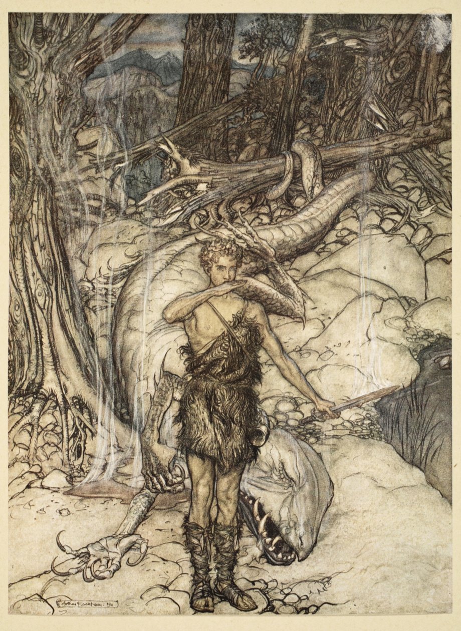 "O sangue quente queima como fogo!", Ilustração de "Siegfried and the Twilight of the Gods", 1924 de Arthur Rackham
