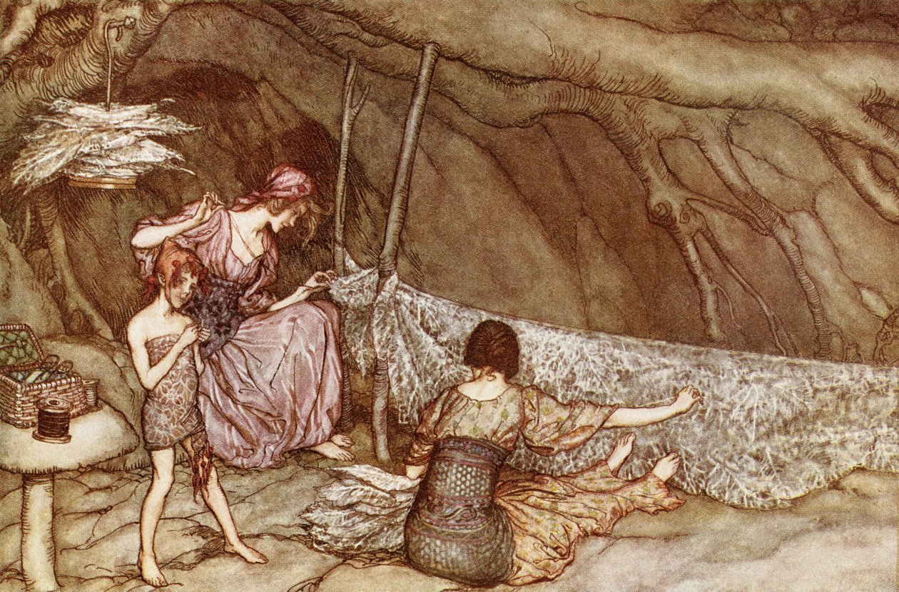 &39;As pessoas pequenas tecem suas cortinas de verão a partir de folhas de esqueleto&39;, de &39;Peter Pan em Kensington Gardens&39; por JM Barrie (1860-1937) publicado em 1910 de Arthur Rackham