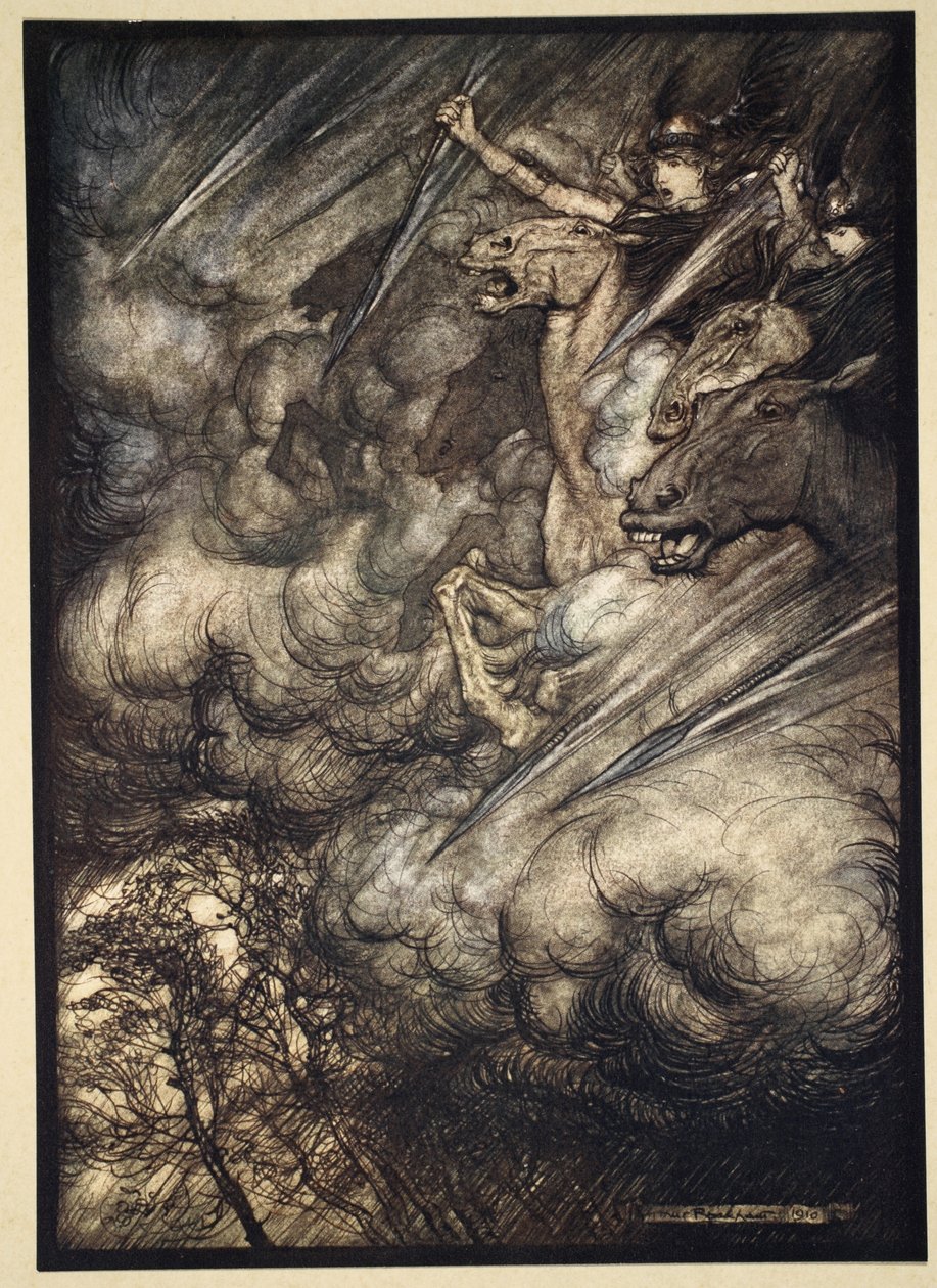 O passeio das Valquírias, ilustração de "O Rhinegold e a Valquíria", 1910 de Arthur Rackham