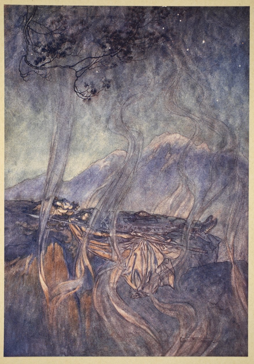 O sono de Brunnhilde, ilustração de "O Rhinegold e a Valquíria", 1910 de Arthur Rackham