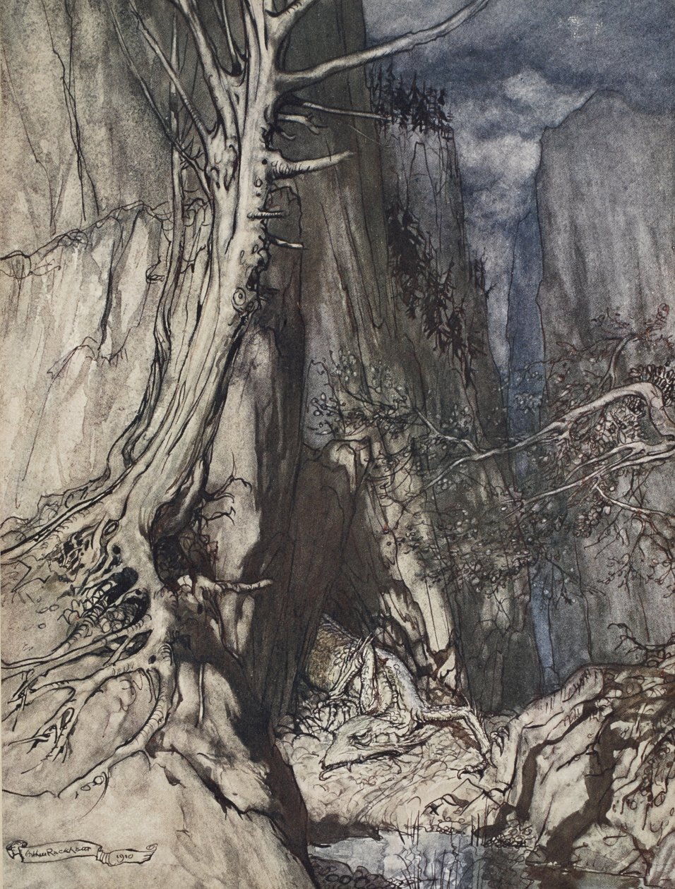 "Há um dragão terrível que ele peregrina, e em uma caverna vigia o anel de Alberich", ilustração de "O Rhinegold e a Valquíria", 1910 de Arthur Rackham