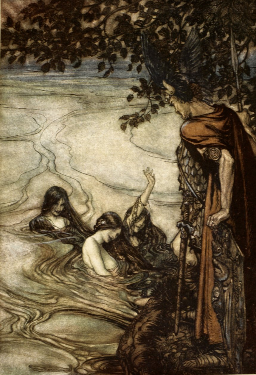 &39;Embora alegremente vos possa rir, no pesar você deve ser deixado. Para empregadas zombeteiras, este anel que pedirdes nunca será seu, ilustração de "Siegfried e o Crepúsculo dos Deuses", 1924 de Arthur Rackham