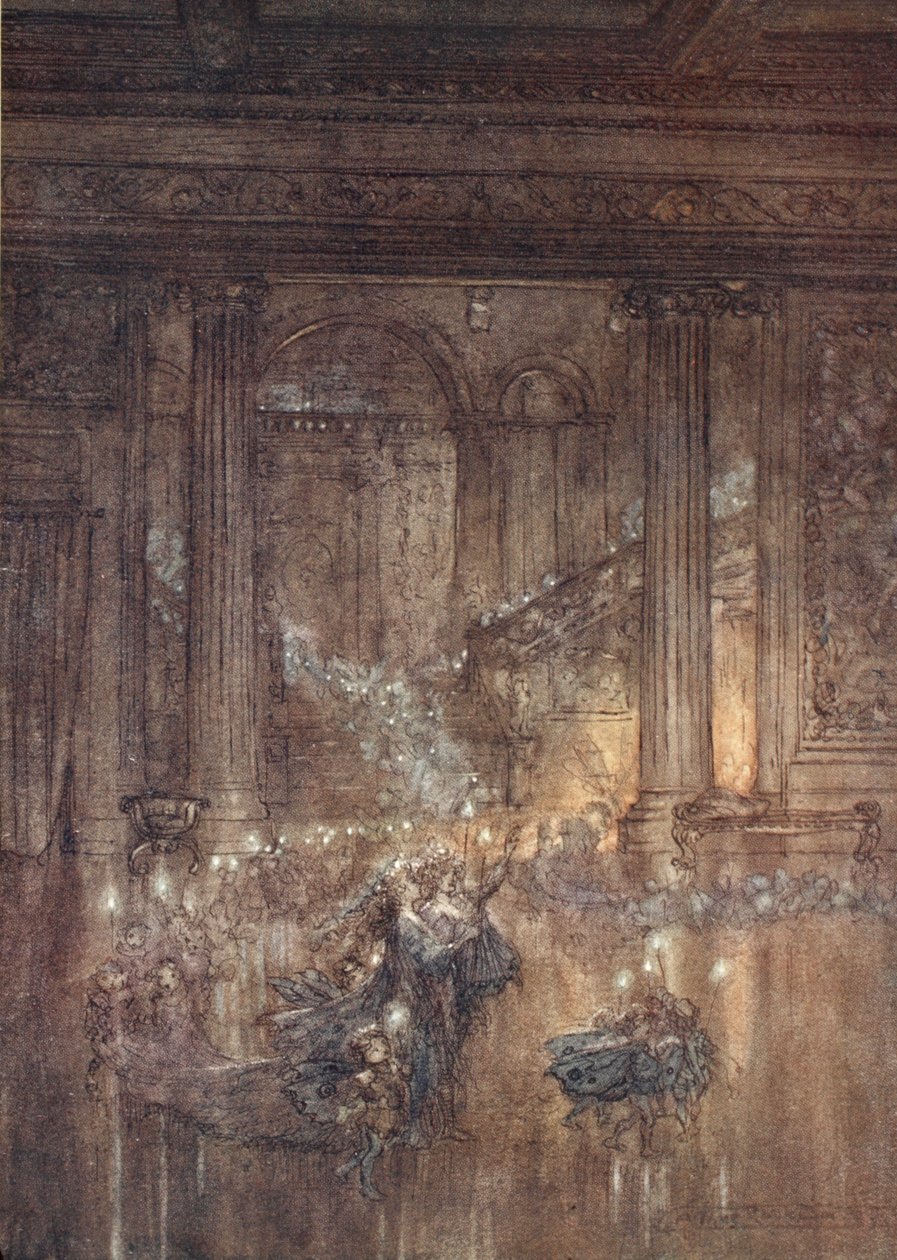 Através da casa dar luz cintilante, Pelo fogo morto e sonolento, ilustração de &39;Midsummer Nights Dream&39; por William Shakespeare, 1908 de Arthur Rackham