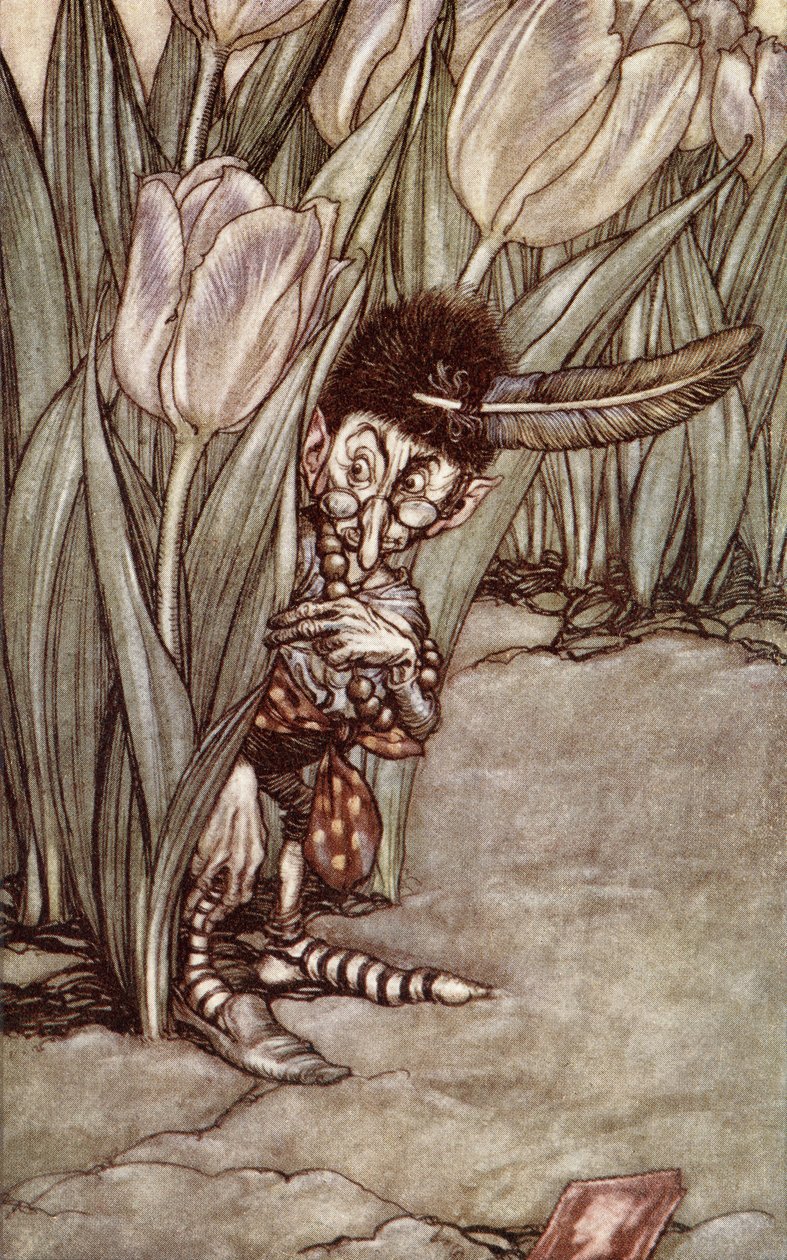 "Quando ele ouviu a voz de Peter, ele apareceu em alarme por trás de uma tulipa", de "Peter Pan em Kensington Gardens", de JM Barrie (1860-1937), publicado em 1910 de Arthur Rackham