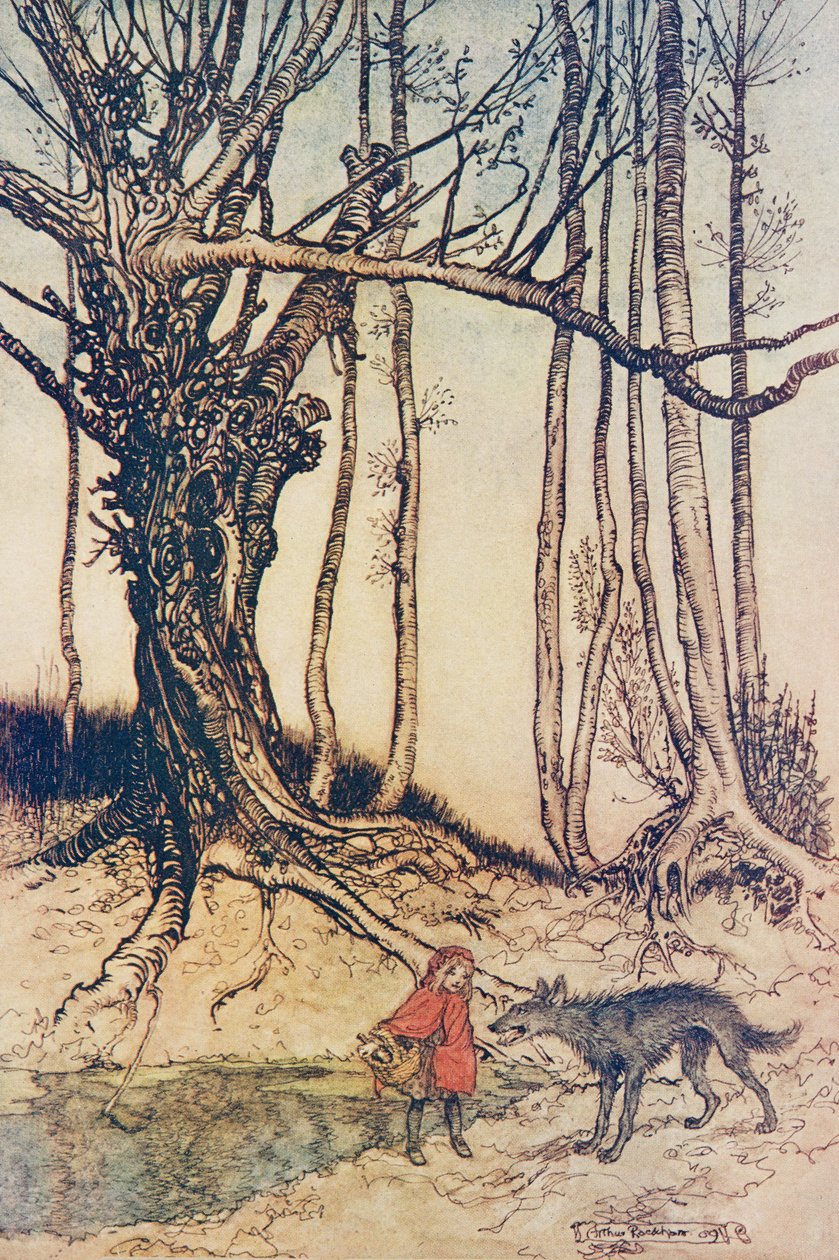 Quando ela chegou ao bosque ela conheceu um Lobo .., de The Fairy Tales dos Irmãos Grimm, pub. 1909 de Arthur Rackham