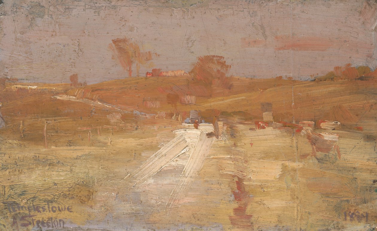 Pastoral em amarelo e cinza - uma impressão colorida de Templestowe de Arthur Streeton