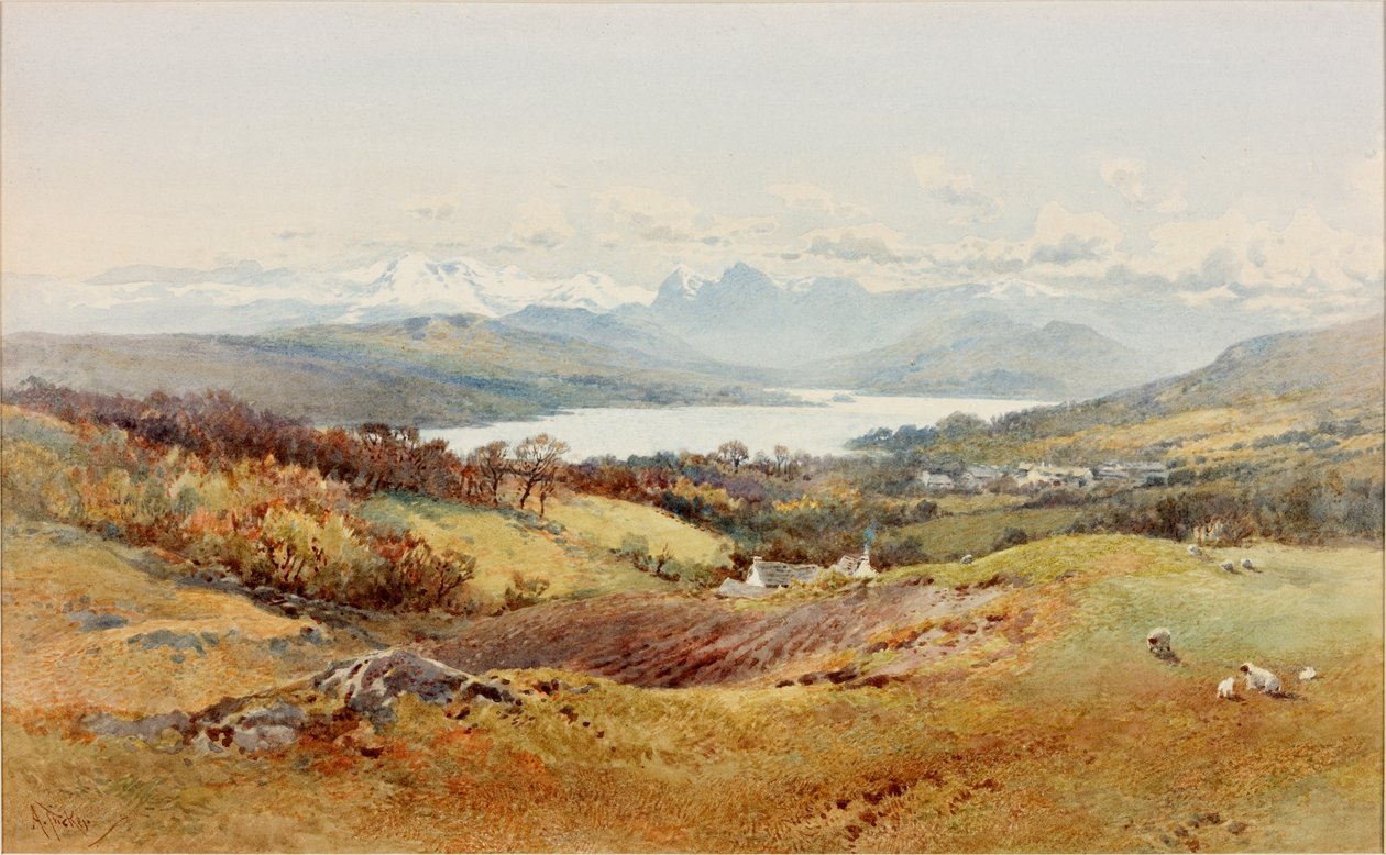 Paisagem - Langdale Pikes (bodycolour, lápis e wc no papel) de Arthur Tucker