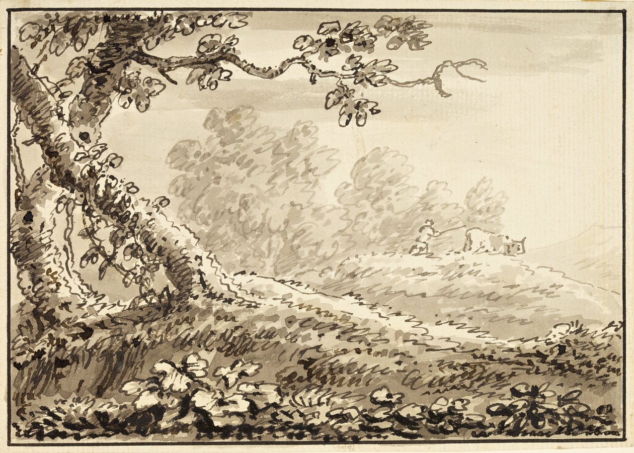 Paisagem com homem dirigindo uma vaca (tinta no papel) de Arthur Devis
