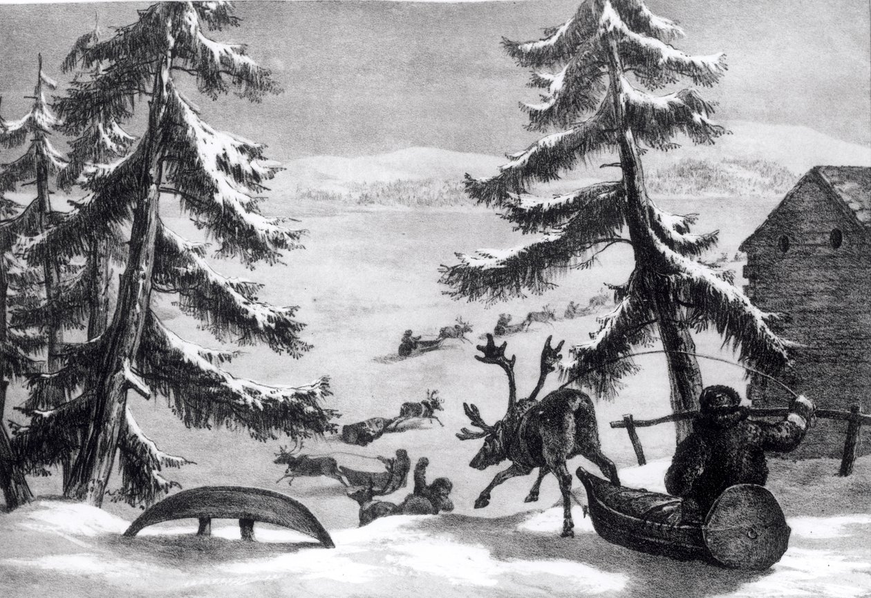 Trenós puxados por renas, de "Winter Sketches in Lapland" de Brooke, publicado em 1827 de Arthur de Capell Brooke