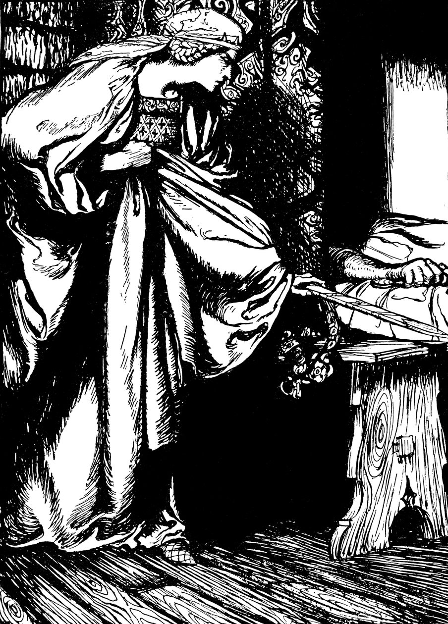 Morgan le Fay roubando a espada de Arthur de Arthur (after) Rackham
