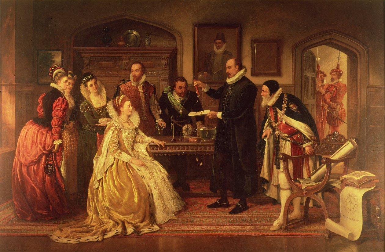 Dr. William Gilbert (1544-1603) mostrando seu experimento sobre eletricidade para a rainha Elizabeth I e sua corte, século XIX (ver detalhes 99460) de Arthur Ackland Hunt
