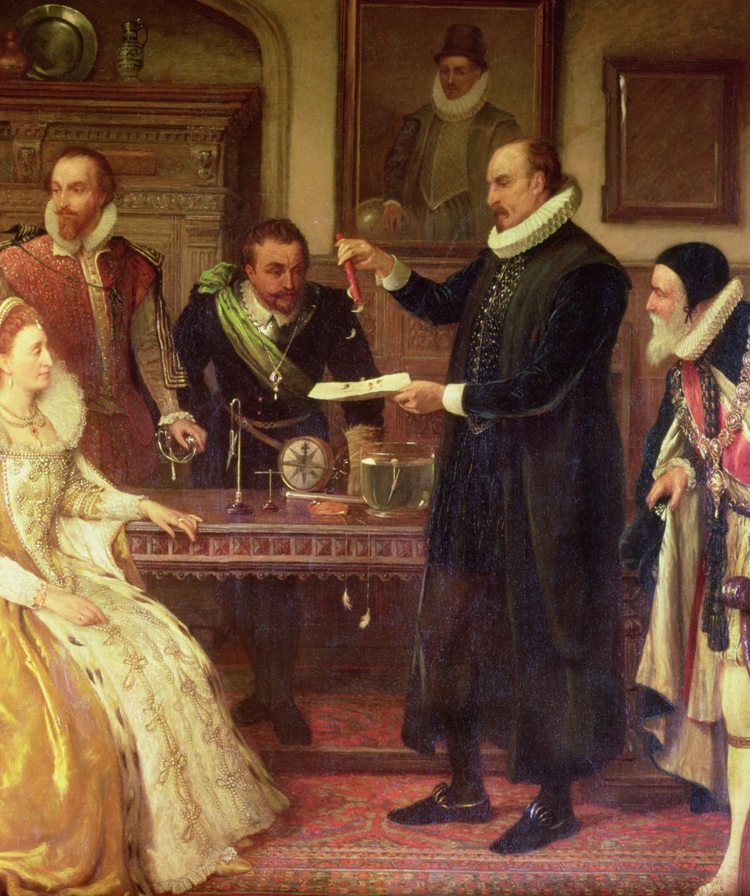 Dr. William Gilbert 1544-1603 mostrando seu experimento sobre eletricidade para a rainha Elizabeth I e sua corte, detalhe de Gilberd, óleo do século XIX sobre tela de Arthur Ackland Hunt
