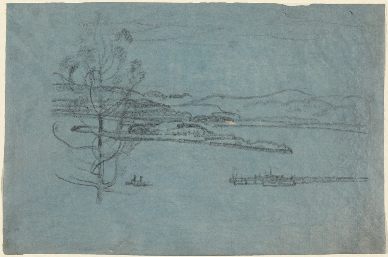 Paisagem com doca e dois barcos de Arthur B. Davies