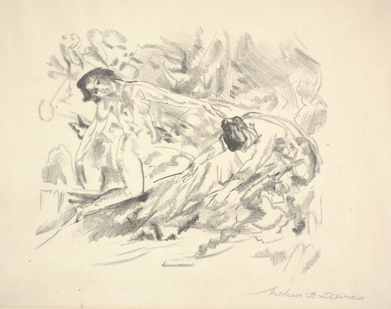 Duas figuras femininas em uma paisagem (lápis sobre papel) de Arthur Bowen Davies