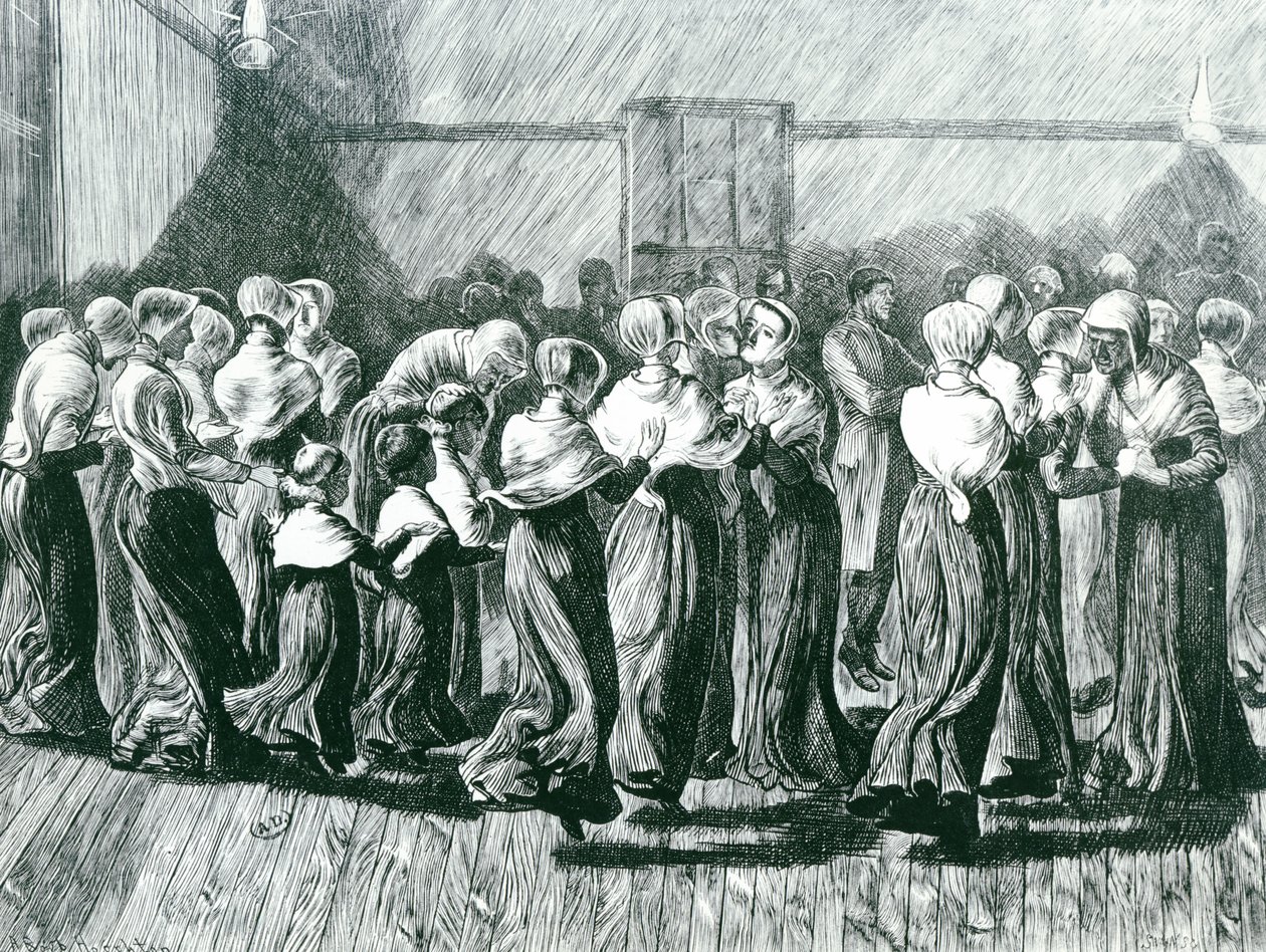 Shakers em um Encontro: a Dança Religiosa, ilustração de The Graphic, publicada em 14 de maio de 1870 de Arthur Boyd Houghton