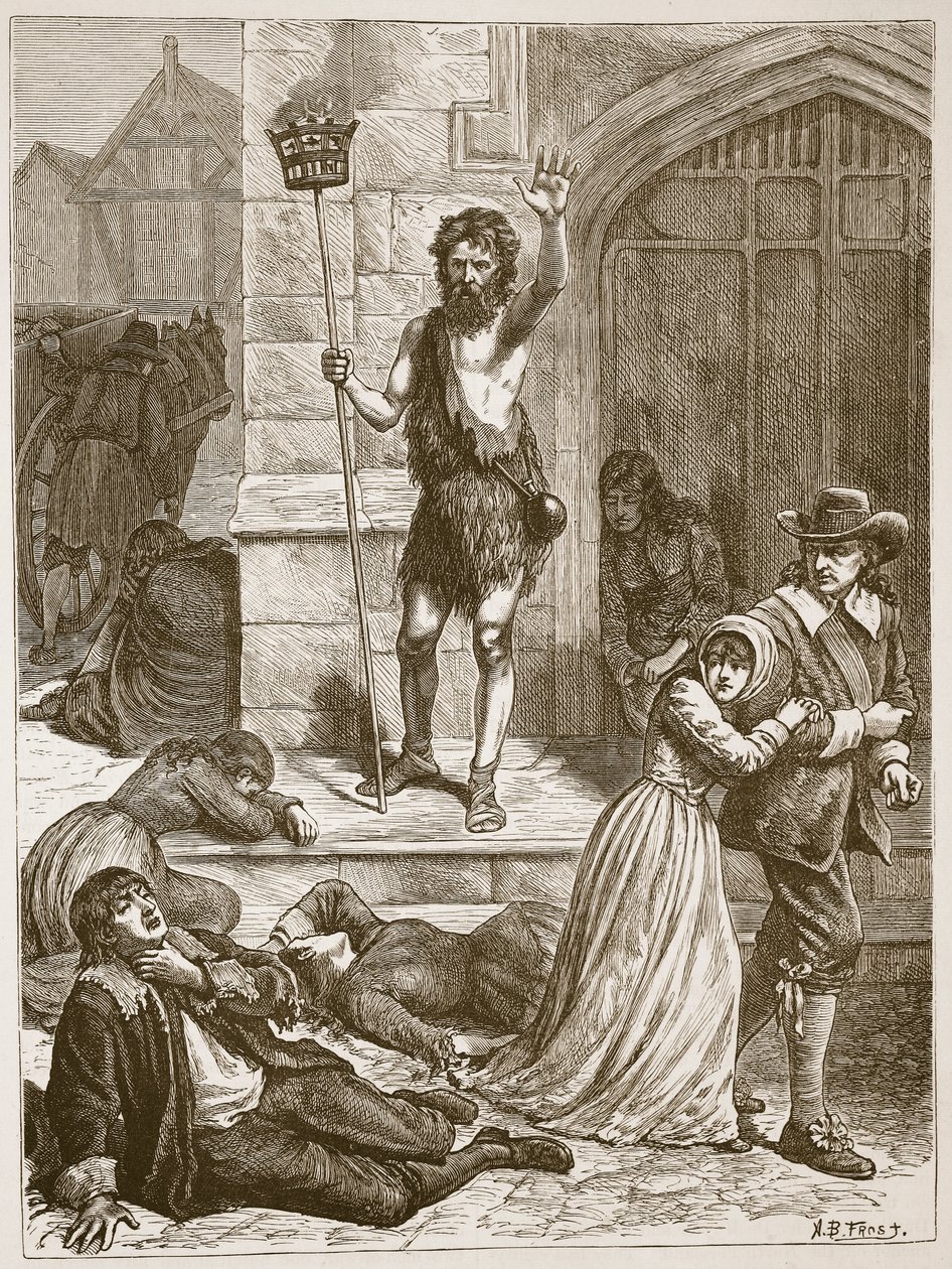 O Maníaco pronunciando a desgraça de Londres durante a Grande Peste, ilustração de &39;História Ilustrada de Cassell da Inglaterra&39; (foto sépia) de Arthur Burdett Frost