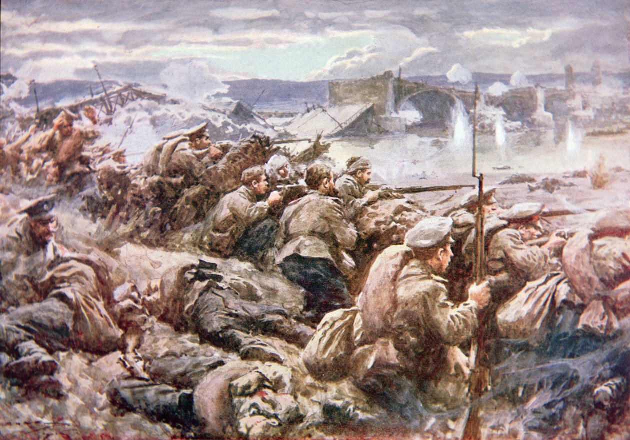 Uma ação heróica de retaguarda russa no grande retiro polonês (lito colorido) de Arthur C. (after) Michael