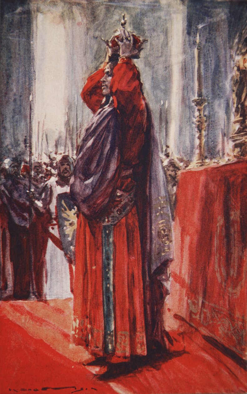Ele chegou ao altar onde estava a coroa: levantando-a, colocou-a sobre a cabeça, ilustração de 