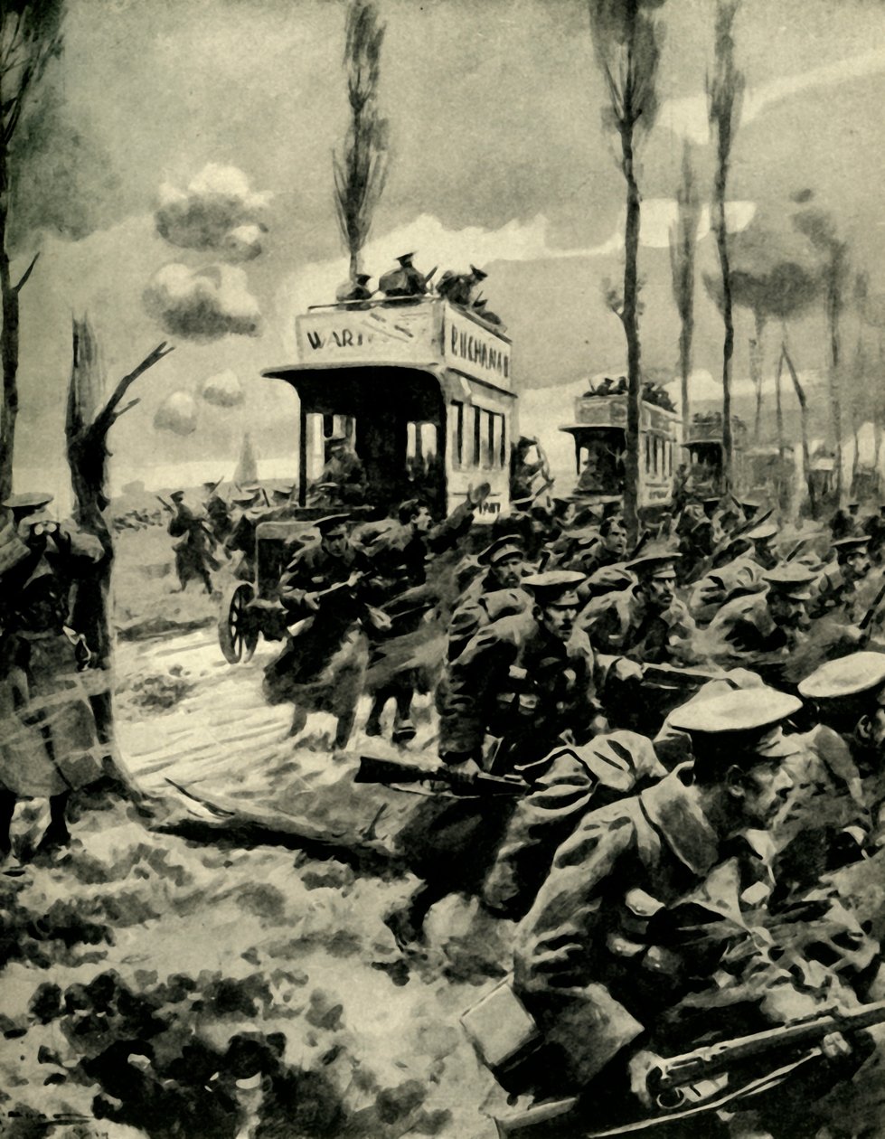 Os ônibus de Londres costumavam transportar tropas para a frente, Primeira Guerra Mundial, 1914-1918, c1920. de Arthur C. Michael