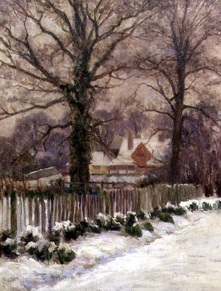 Uma pista coberta de neve, Radlett, Hertfordshire (óleo sobre tela) de Arthur Claude Cooke