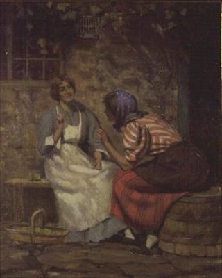 Escândalo, duas garotas fofocando do lado de fora de uma casa de campo de Arthur Claude Cooke