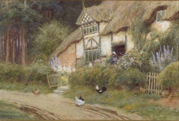 Uma Menina e Galinhas por uma Cabana (aguarela) (uma de duas) de Arthur Claude Strachan