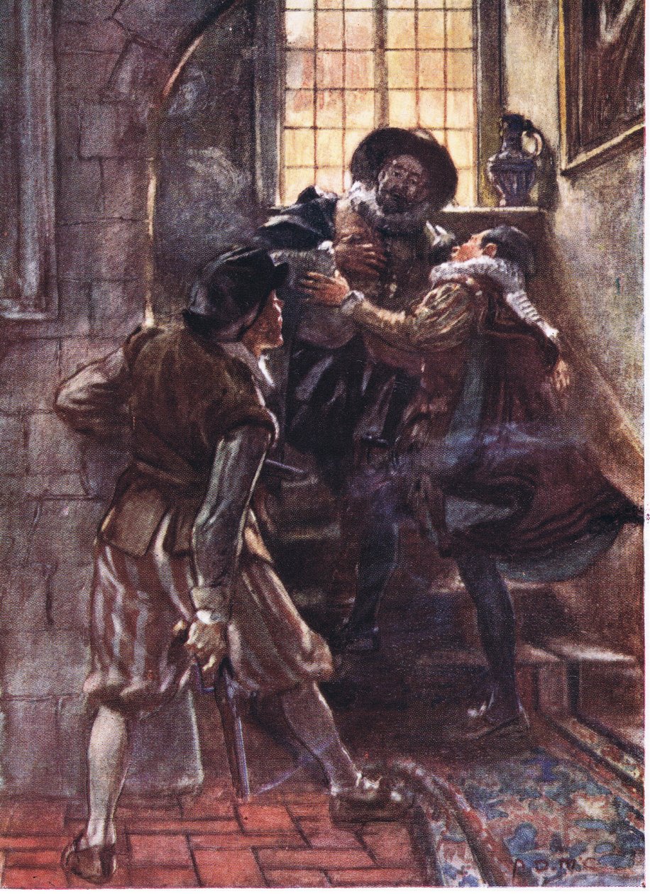 Quando ele caiu, o Príncipe clamou, ó meu Deus tenha misericórdia de minha alma, ilustração do Romance da História: Holanda, década de 1920 de Arthur David McCormick