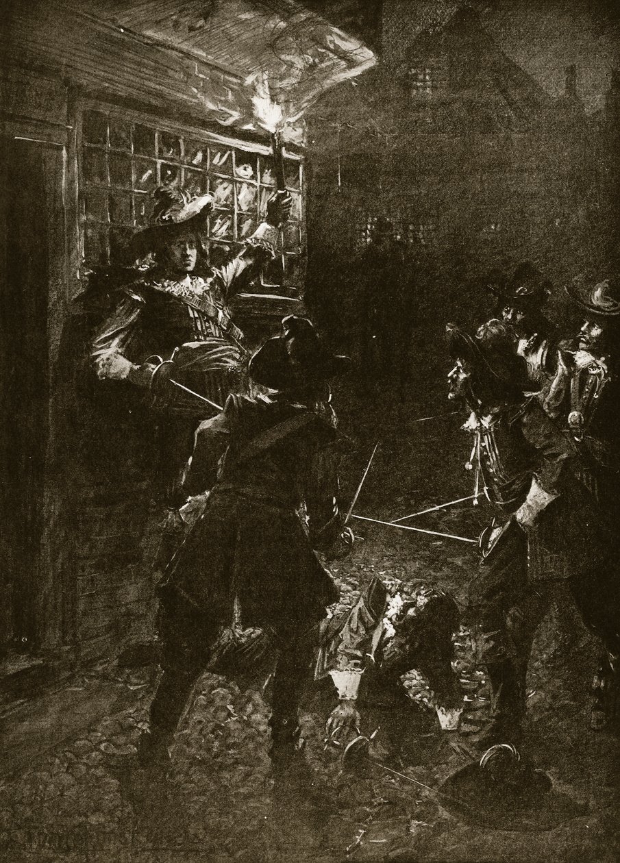 Os partidários de King Charles II atacam Sir John Coventry, 1670, ilustração da "História da Nação Britânica" de Hutchinson, c.1920 de Arthur David McCormick