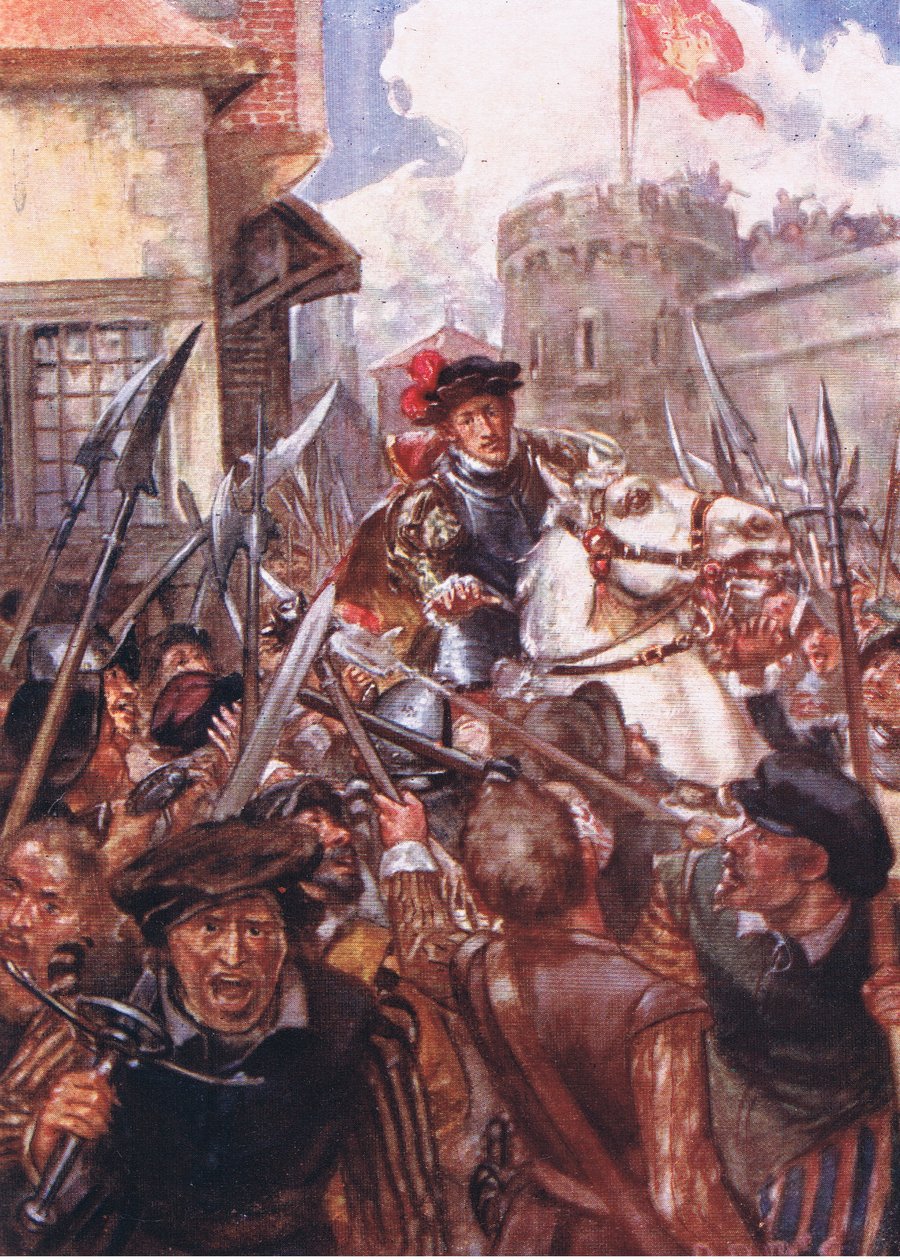 Montando seu cavalo, cavalgou silenciosamente e sem vigilância até o portão vermelho, ilustração do Romance da História: Holanda, década de 1920 de Arthur David McCormick