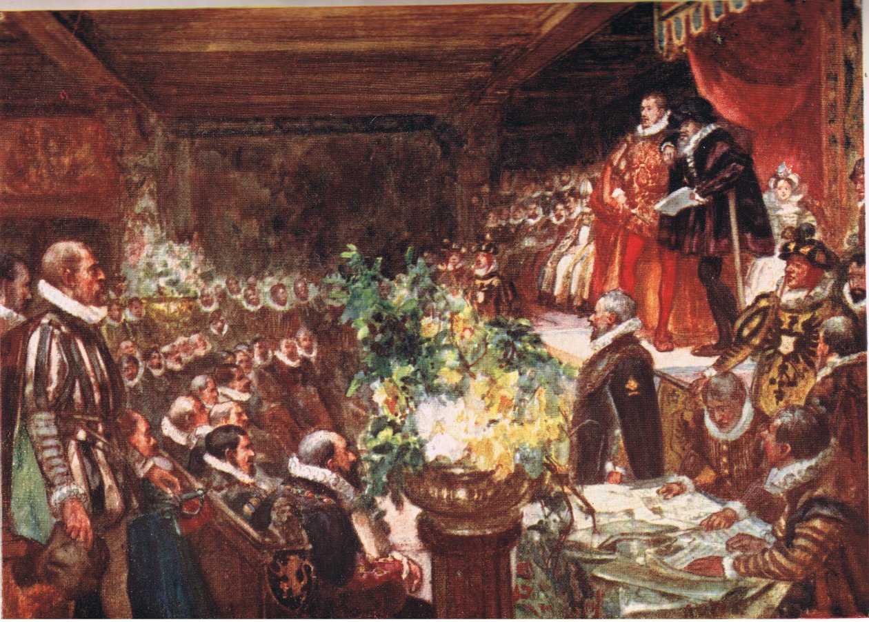 O imperador chegou encostado no ombro de um rapaz alto e bonito, ilustração do Romance of History: Holanda, década de 1920 de Arthur David McCormick