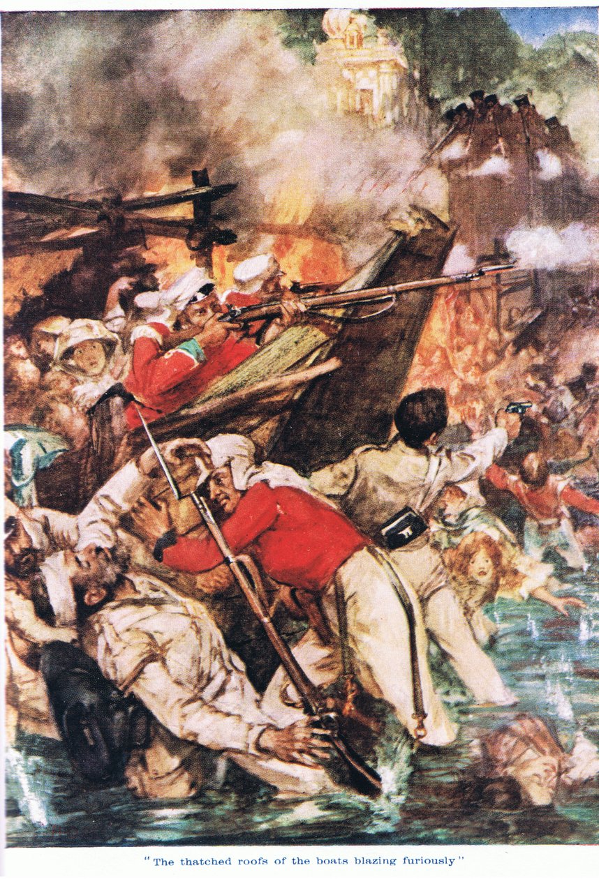 Os telhados de colmo dos barcos em chamas furiosas (cor litho) de Arthur David McCormick