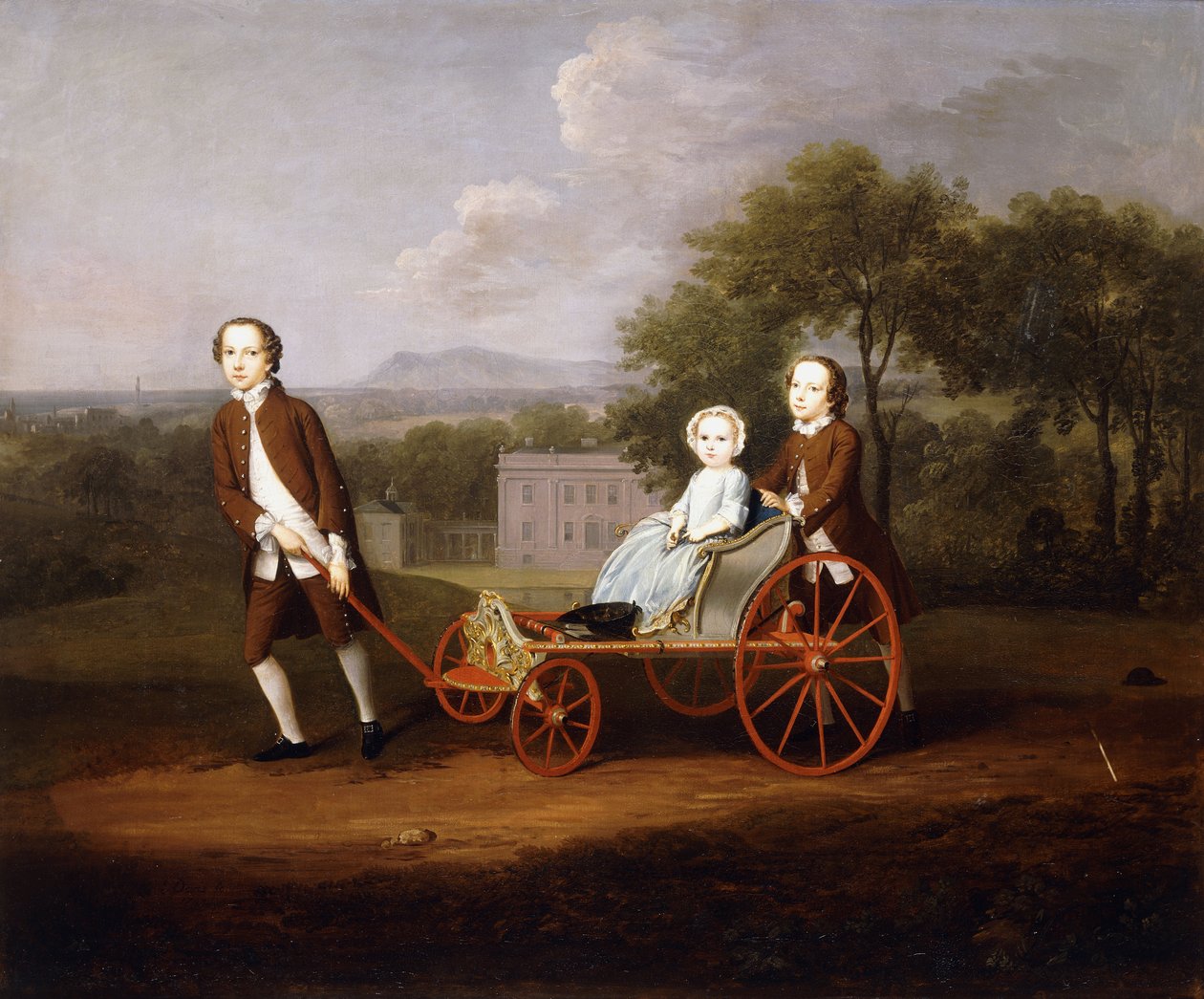 Um retrato de grupo de três dos filhos de Peter e Mary Du Cane, todos pequenos e completos, brincando com um carrinho elaborado para cães, nos terrenos de uma casa de campo, 1747 de Arthur Devis