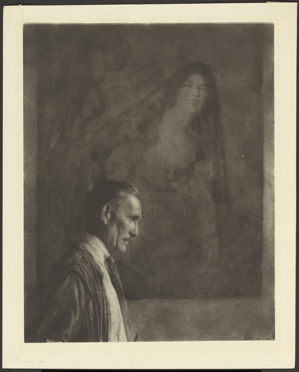 [Homem com bigode pequeno e elegante de perfil, posado em frente a uma pintura de uma mulher vestida com trajes espanhóis]. de Arthur F. Kales