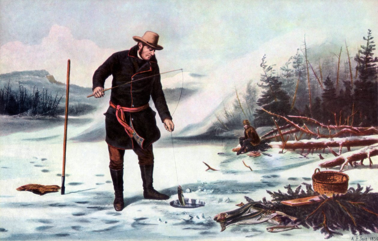 Pesca da truta no lago Chateaugay, esportes de inverno americanos, 1856. de Arthur Fitzwilliam Tait