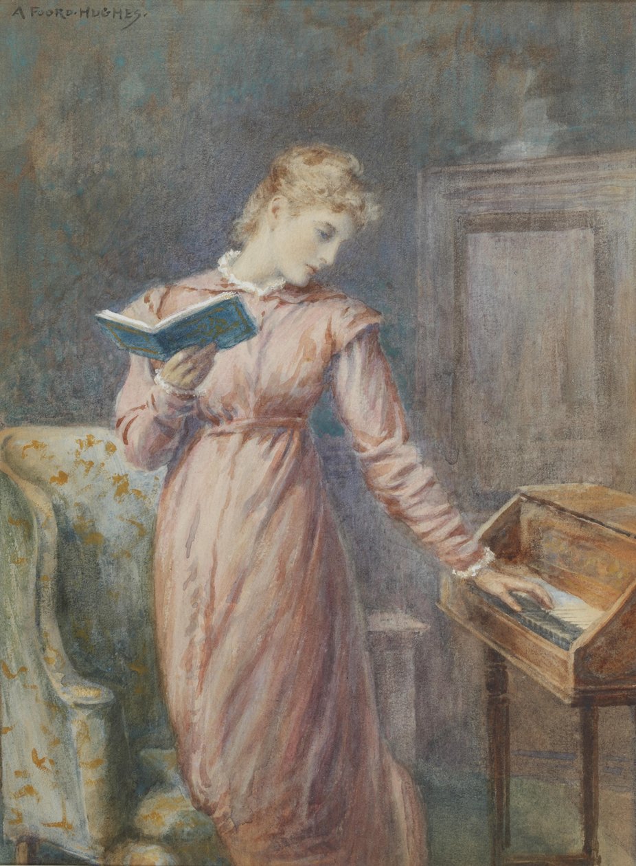 Uma senhora lendo enquanto tocava espineta. de Arthur Foord Hughes