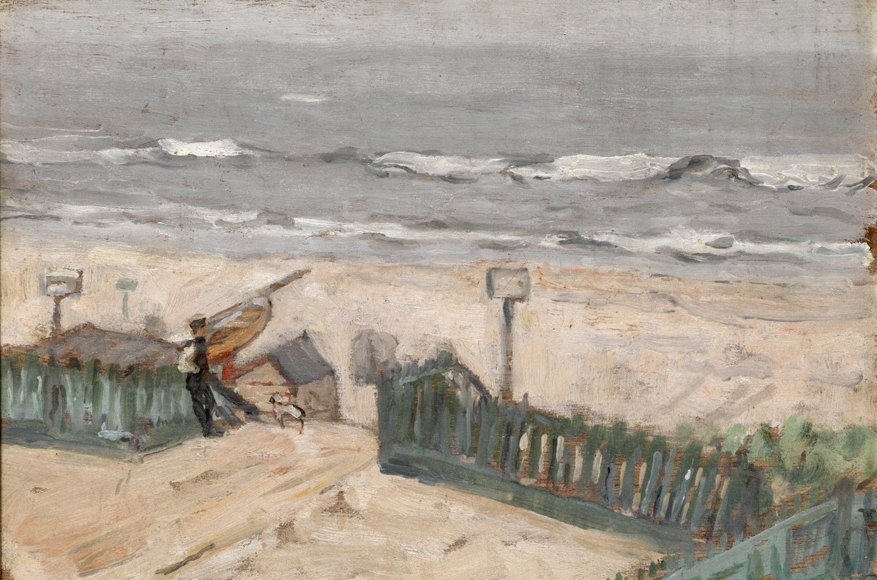 Cabanas de banho com pescador e cachorro, c.1900 de Arthur Haythorne Studd
