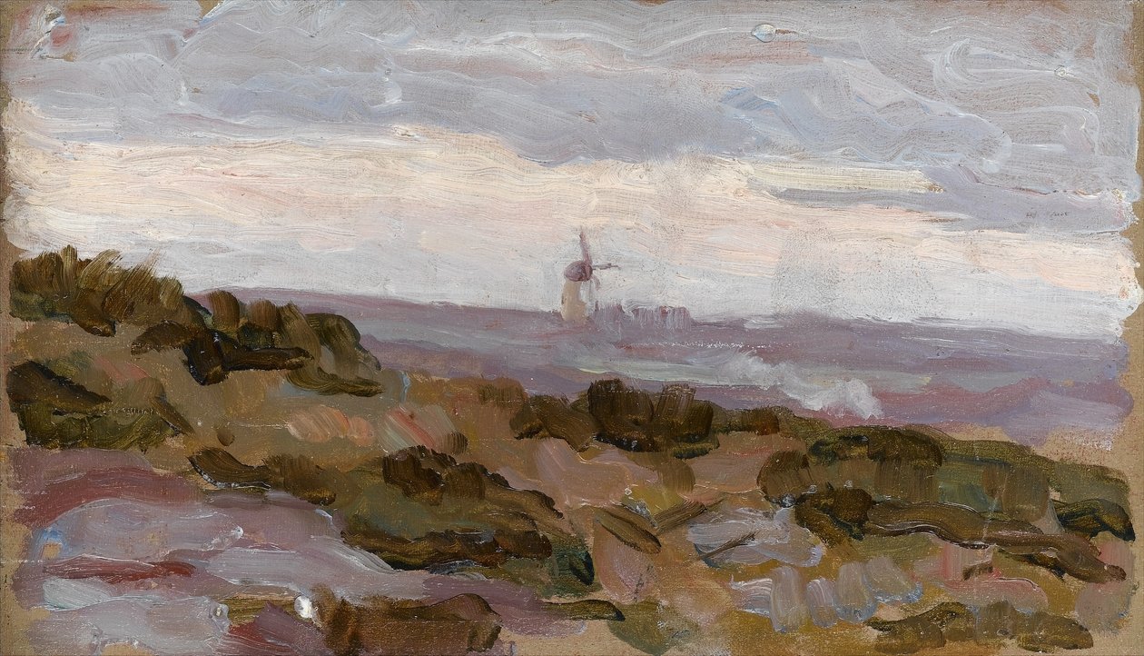 Estudo de paisagem com moinho de vento no horizonte, c.1900 de Arthur Haythorne Studd