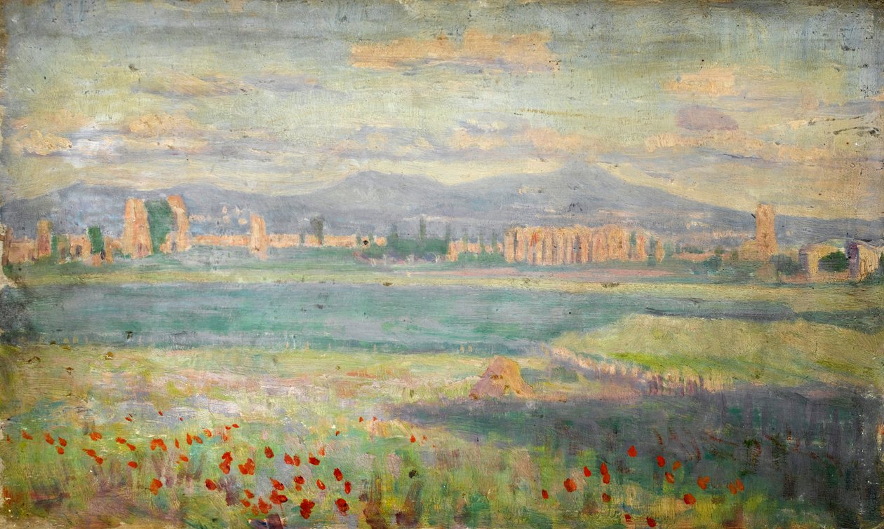 Paisagem mediterrânica, com, papoulas, em, primeiro plano, e, cidade murada, em, fundo de Arthur Haythorne Studd