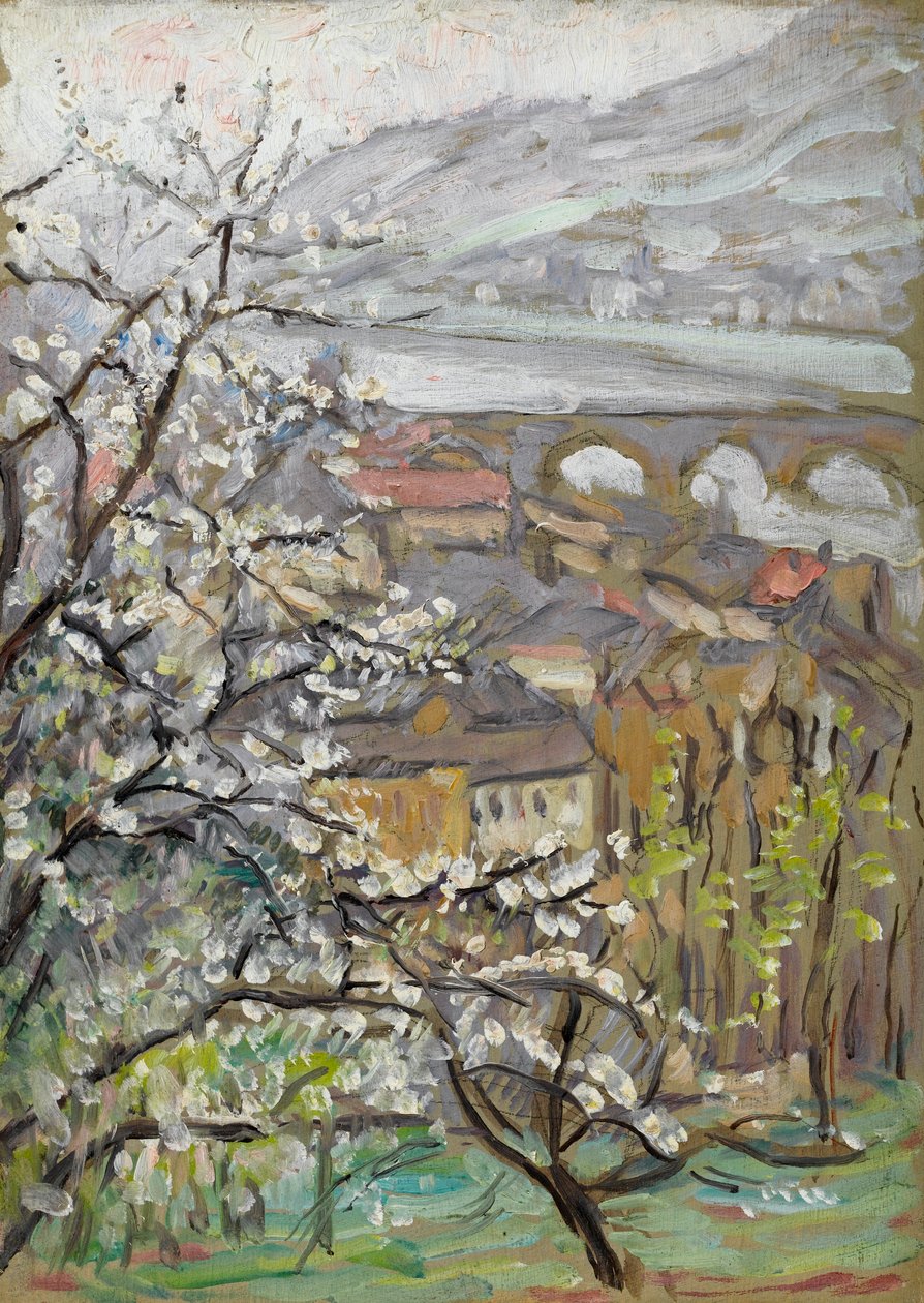 Vista, através, um, pomar, sobre, um, ponte, e, estuário de Arthur Haythorne Studd