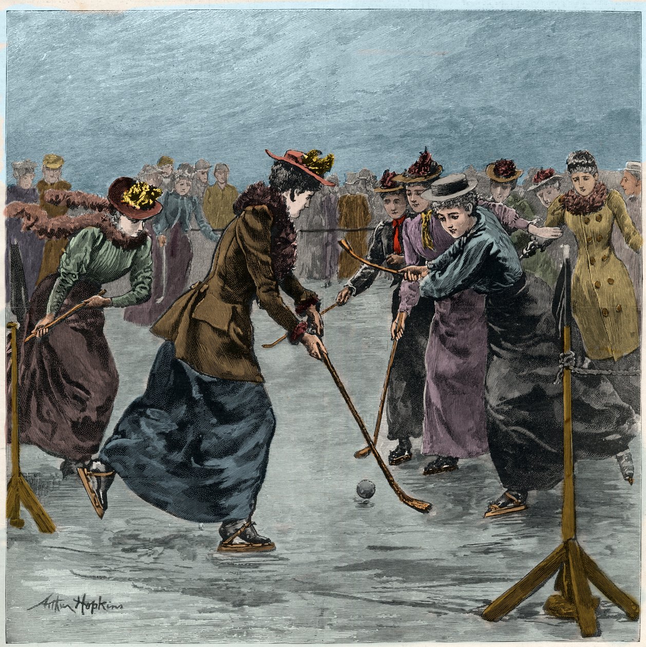 Hóquei no gelo: uma partida feminina no lago em Wimbledon Park. (coloração posterior). de Arthur Hopkins