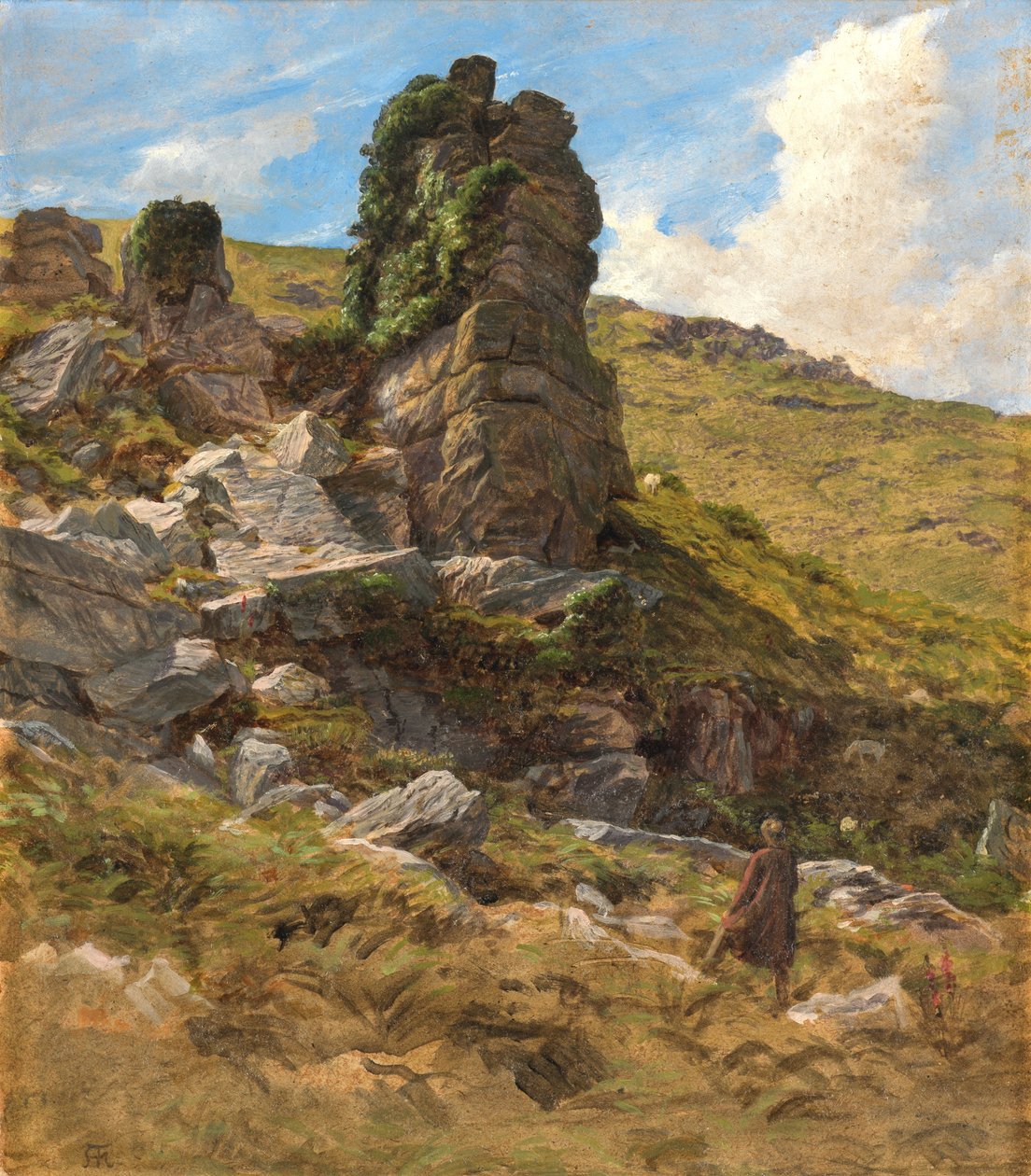Um afloramento rochoso (óleo no cartão) de Arthur Hughes