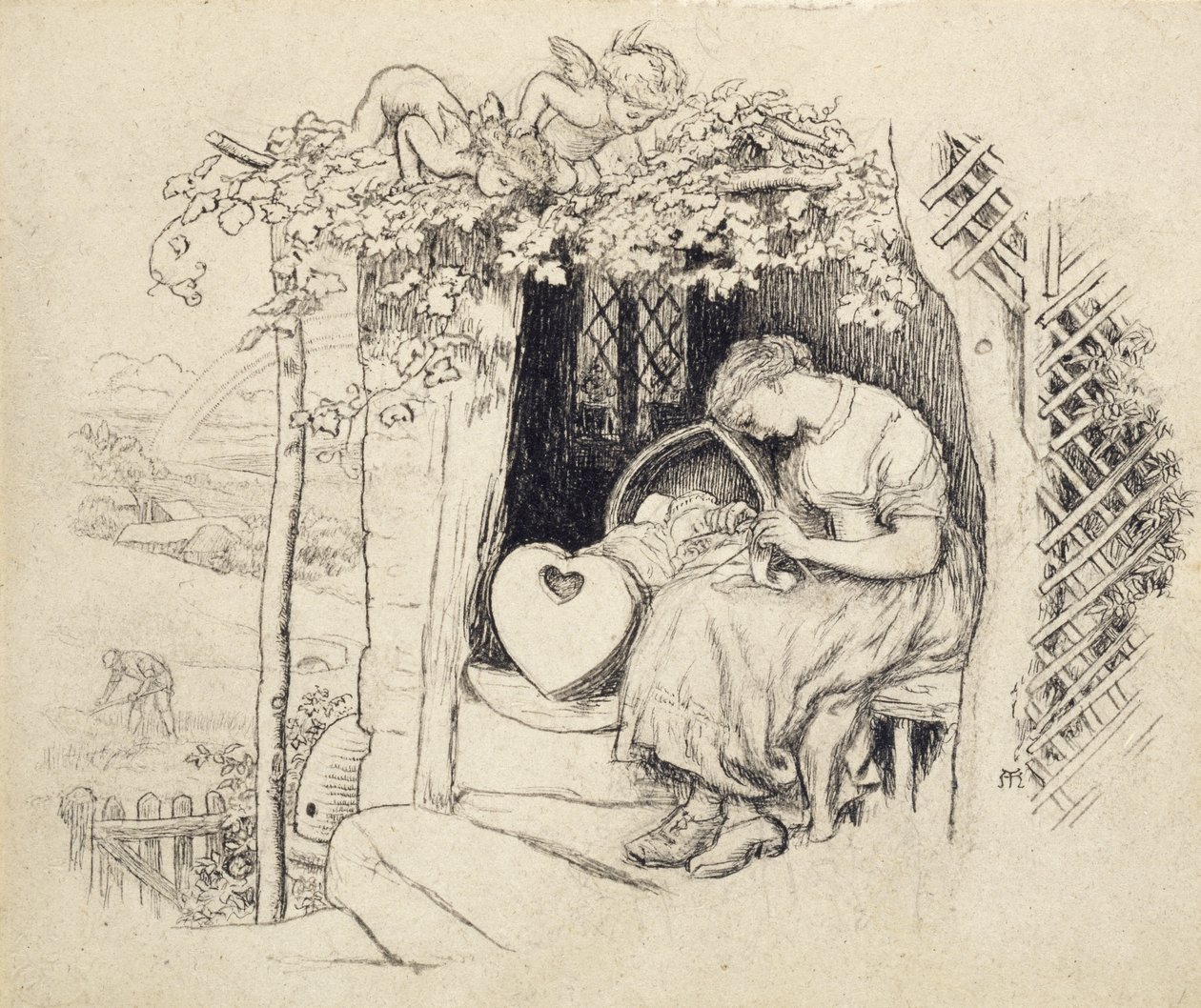 By the Cradle (caneta e nanquim sobre grafite) de Arthur Hughes