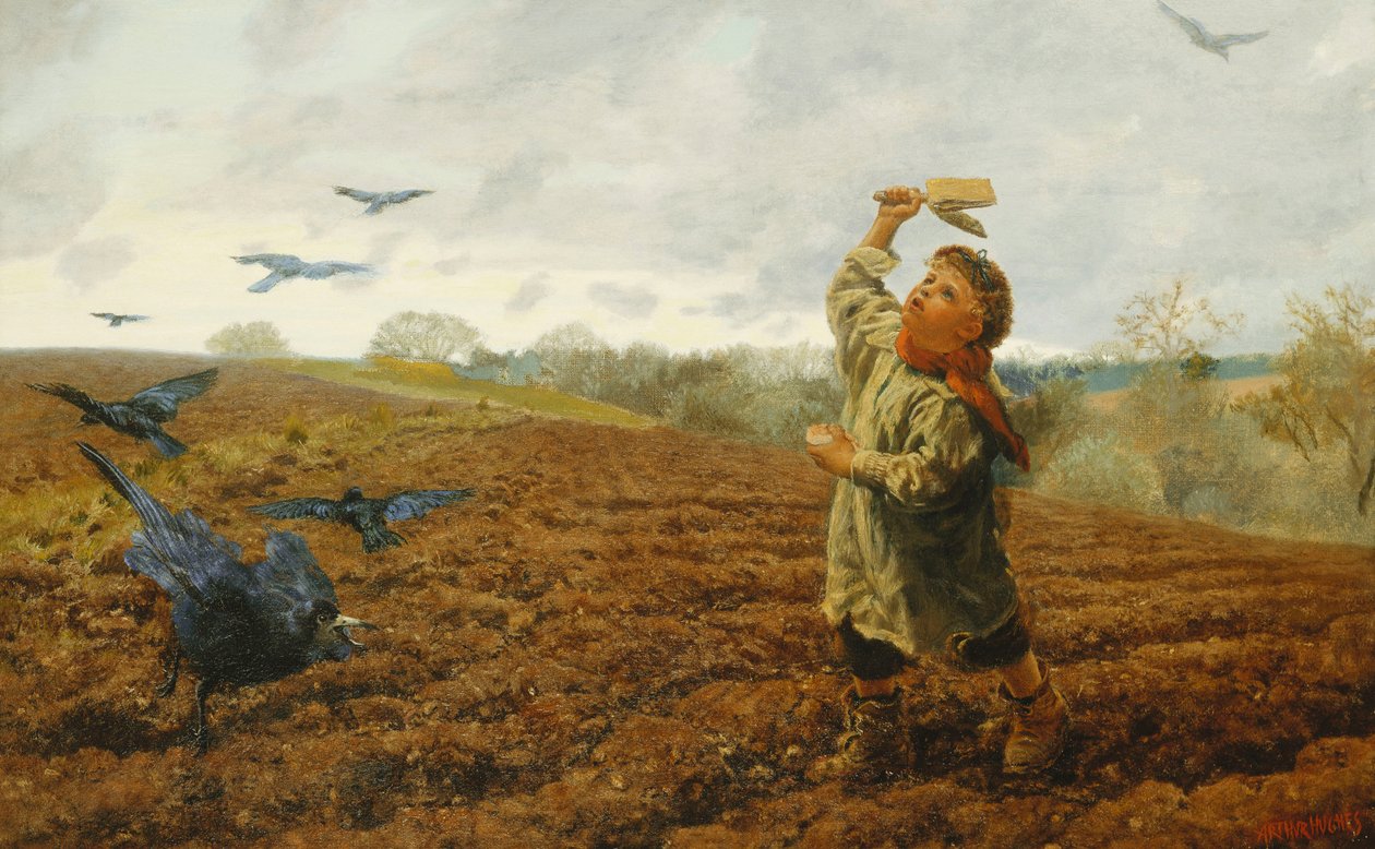 O corvo-assustador; "Pombos e corvos, cuidem dos dedos dos pés", 1884 de Arthur Hughes