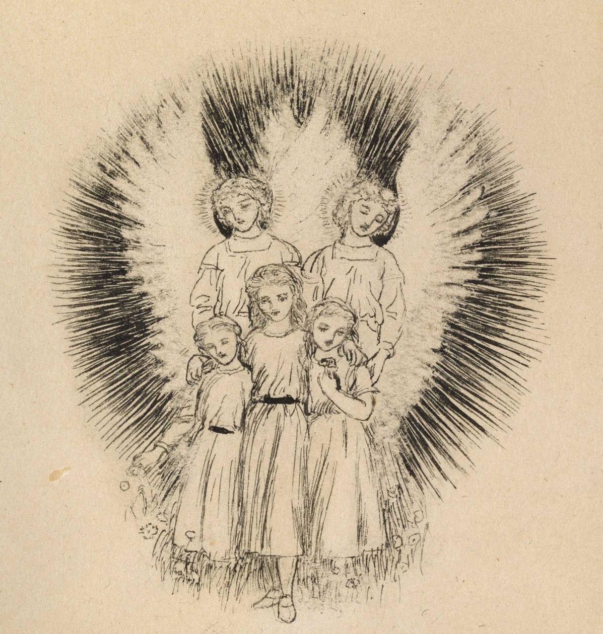 Três criancinhas na grande largura da Terra (caneta e tinta preta em papel branco) de Arthur Hughes