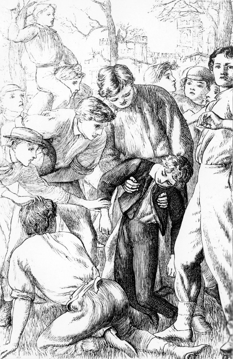 A primeira façanha de Tom no futebol, ilustração de &39;Tom Brown&39;s School Days&39;, de Thomas Hughes (1822-96), edição de 1869 de Arthur Hughes