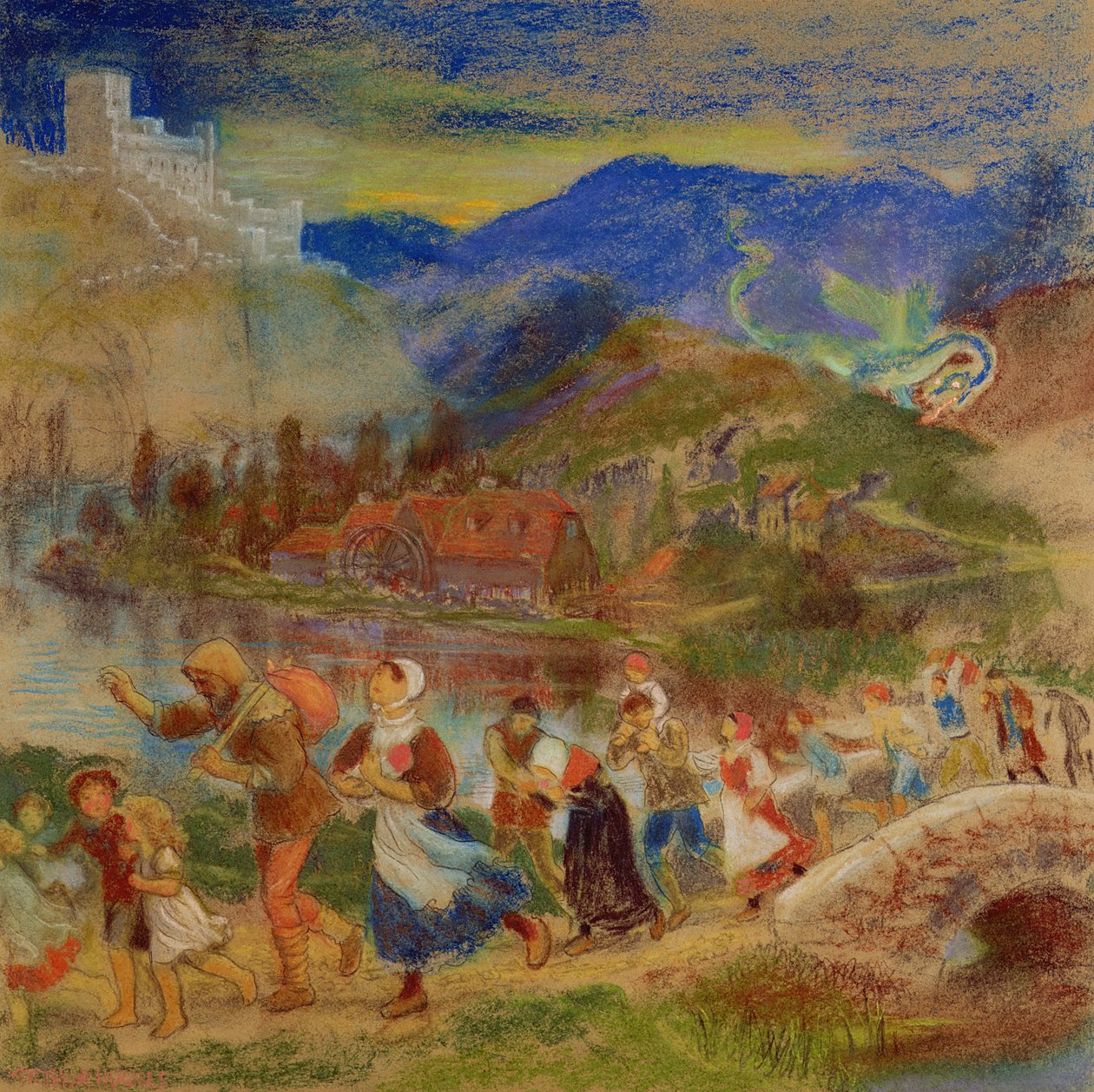 Aldeões fugindo de um dragão de Arthur Hughes