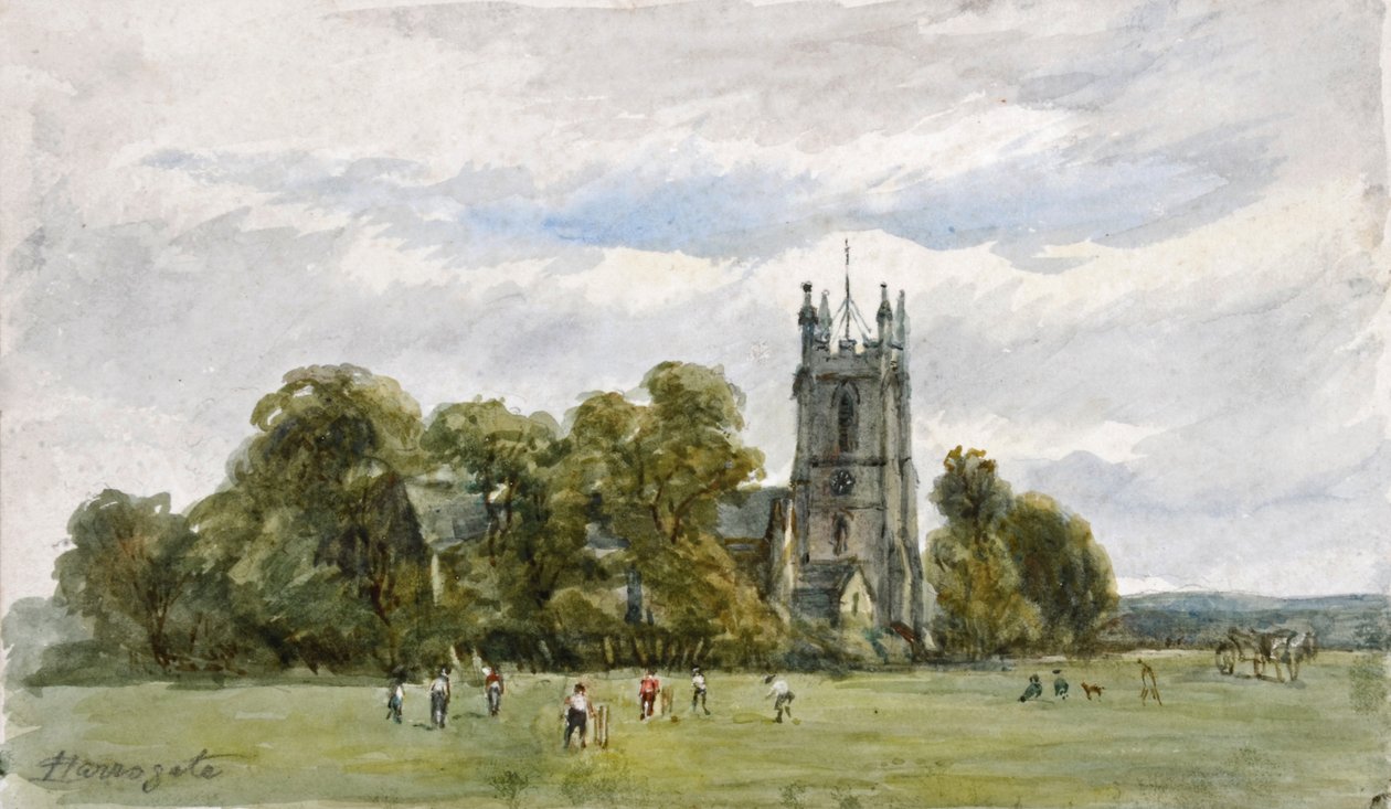 Cricket on the Stray, em frente à Igreja de Cristo, High Harrogate (aguarela) de Arthur J. Stark